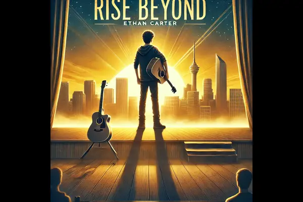 The Rise Beyond movie poster, featuring Ethan Carter. It shows a young boy facing away from the viewer, a guitar resting at his side, as he gazes toward a towering urban skyline illuminated by the rising sun.