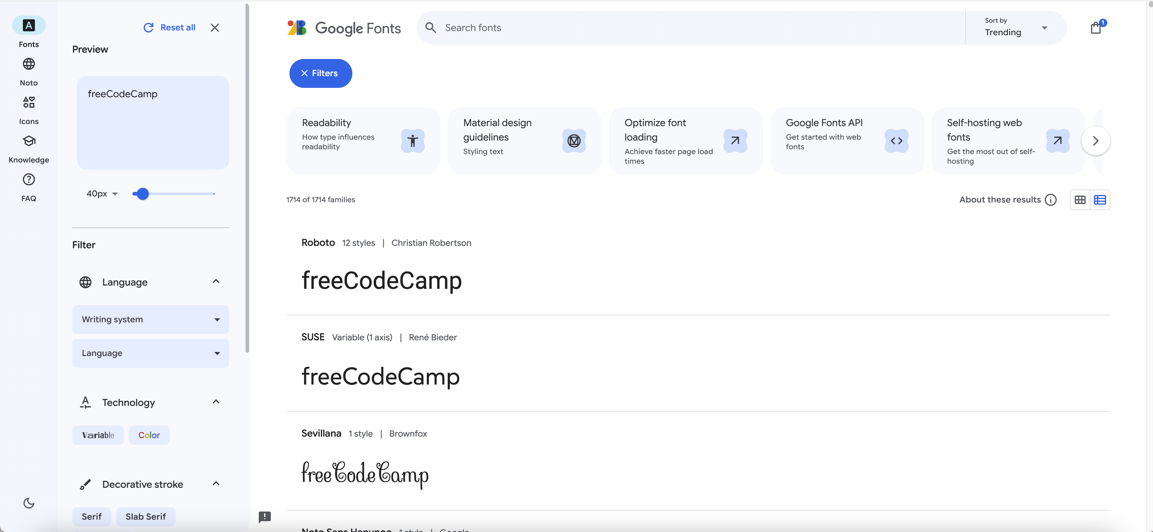 Google Fonts Fonts section showing a left sidebar with preview text set to 'freeCodeCamp' at 40px, filter options for Language, Technology, and Decorative stroke, and the main panel listing font families including Roboto, SUSE, and Sevillana each previewing 'freeCodeCamp'