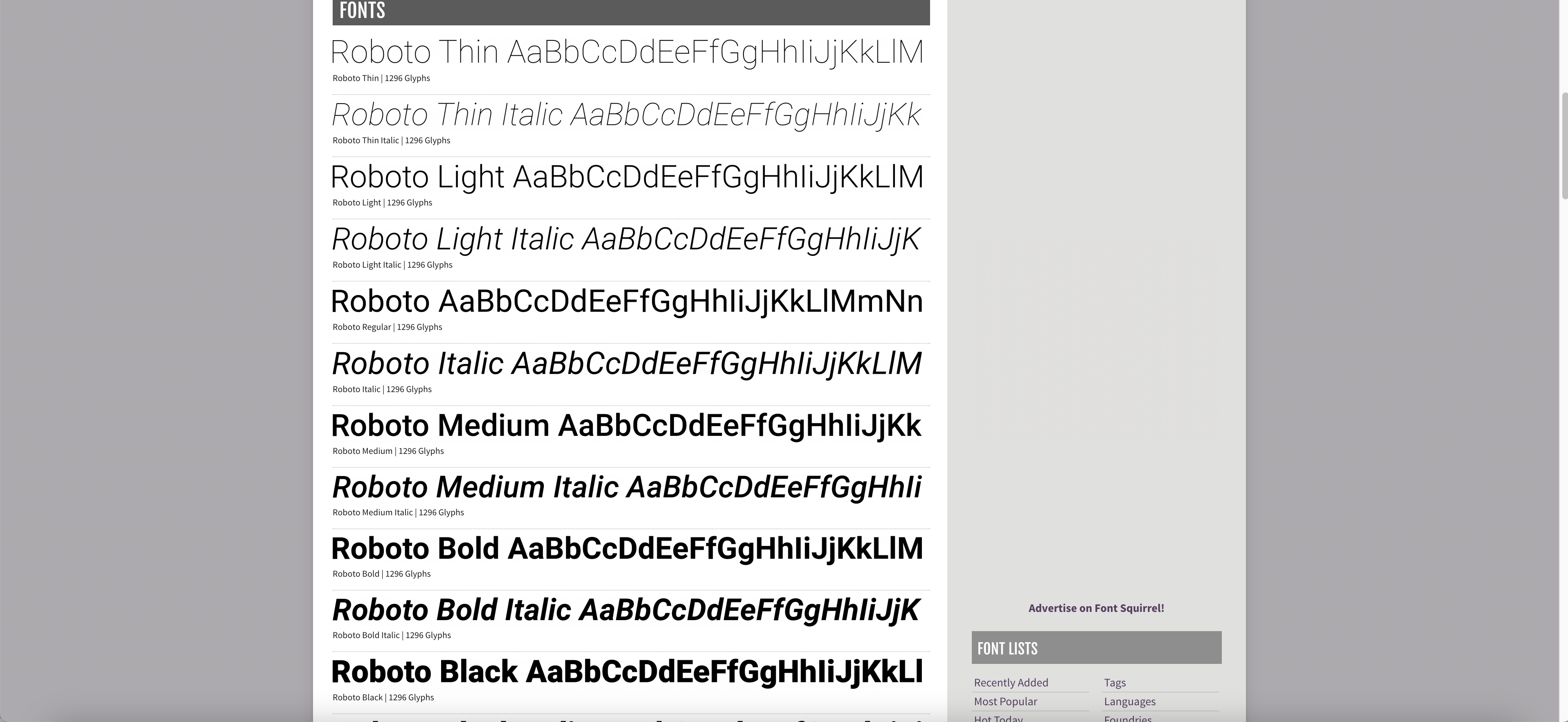 Font Squirrel Roboto Specimens section listing all styles with alphabet samples: Roboto Thin, Thin Italic, Light, Light Italic, Regular, Italic, Medium, Medium Italic, Bold, Bold Italic, and Black, each in its respective weight