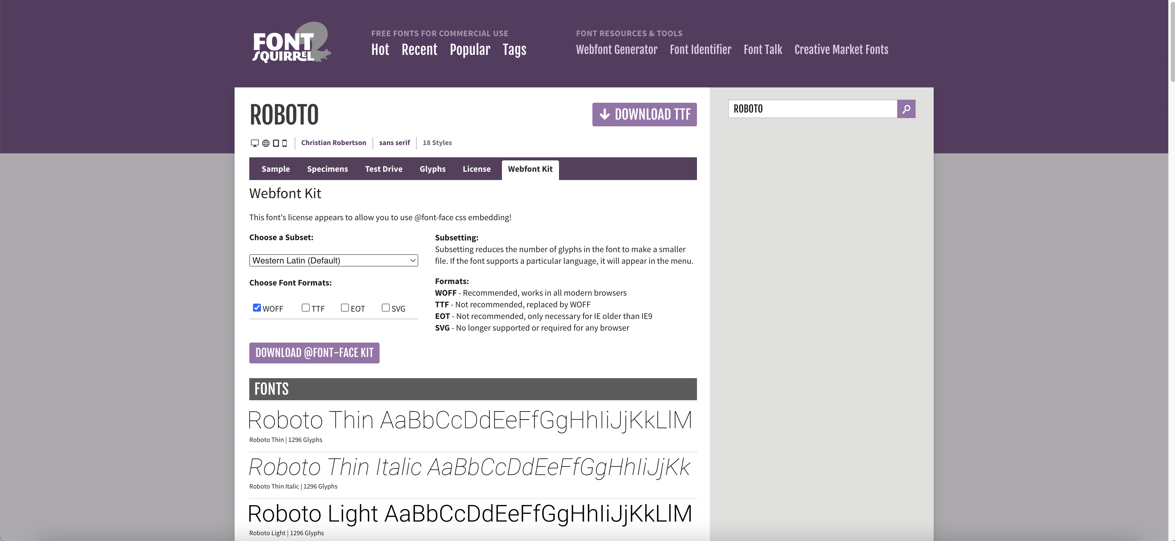 Font Squirrel Roboto Webfont Kit tab showing a license notice confirming @font-face embedding is allowed, a subset selector set to Western Latin, format checkboxes with WOFF selected, and a Download @font-face Kit button