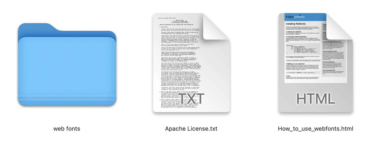 Three file icons showing the contents of the downloaded kit: a blue folder labeled 'web fonts', a text document labeled 'Apache License.txt', and an HTML file labeled 'How_to_use_webfonts.html'