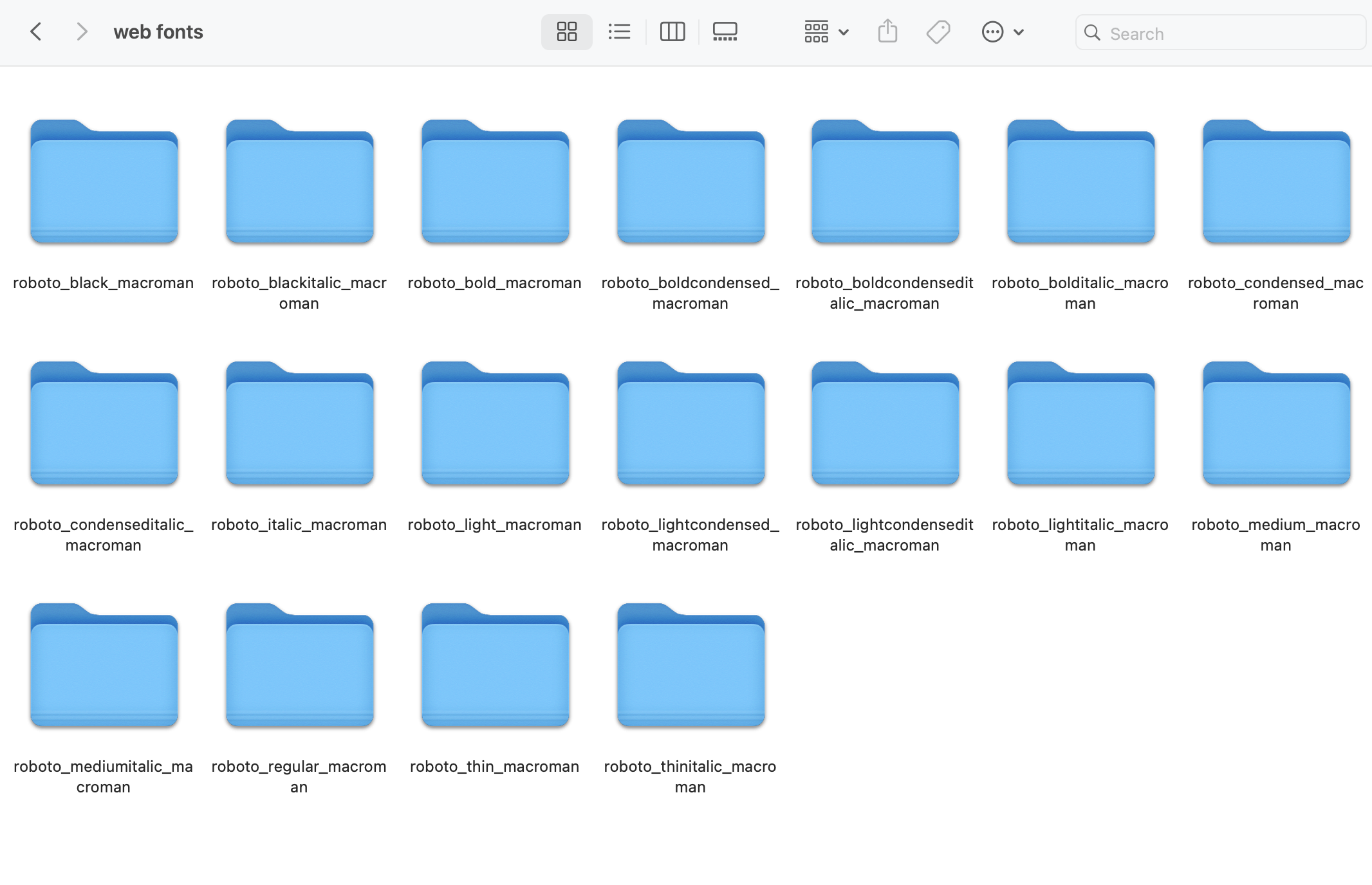 macOS Finder showing the web fonts folder with 19 subfolders for each Roboto variant, named with the pattern roboto_weight_macroman, such as roboto_black_macroman, roboto_bold_macroman, and roboto_thin_macroman