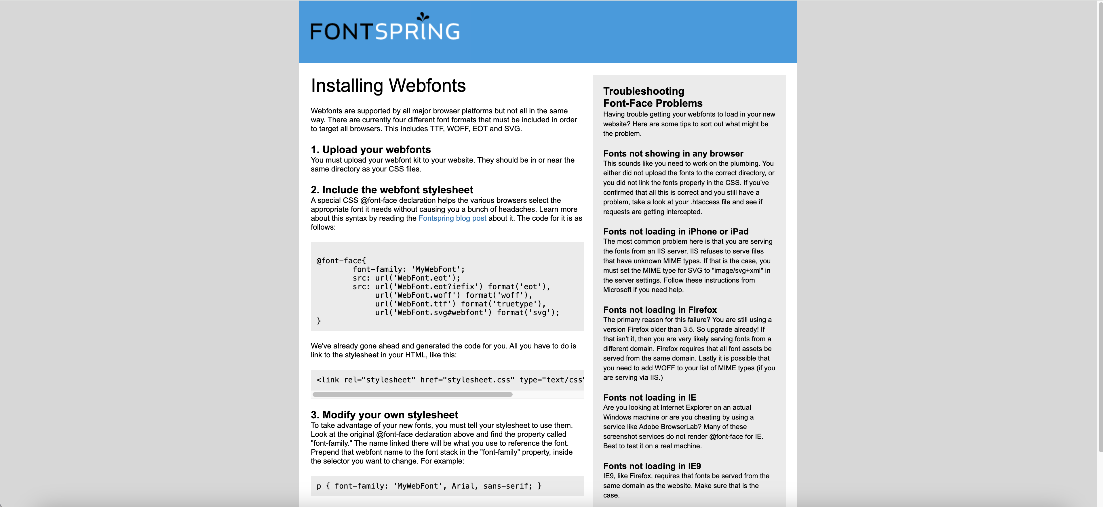 FontSpring 'Installing Webfonts' page with three steps: uploading webfont files, including the webfont stylesheet with @font-face declarations, and modifying your own stylesheet, plus a Troubleshooting section on the right