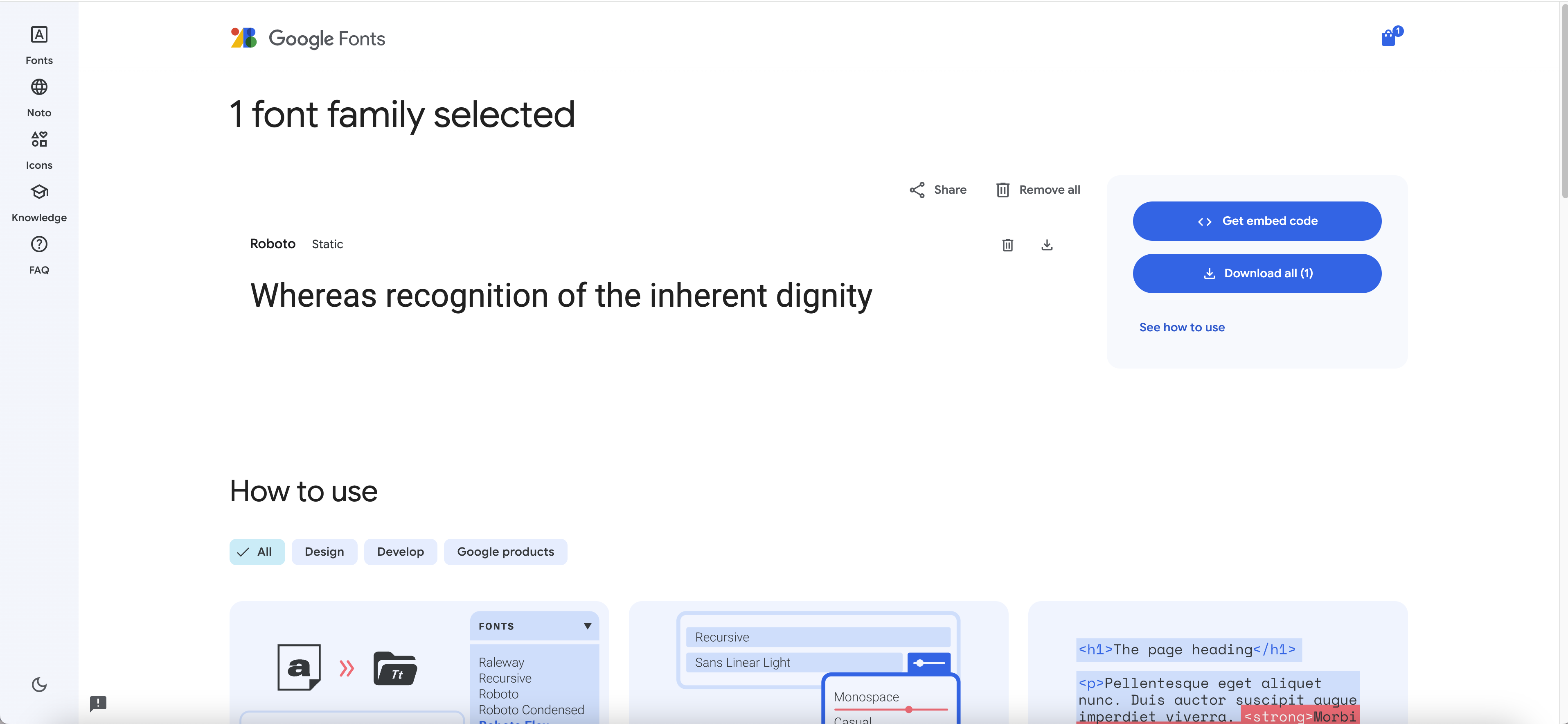 Google Fonts page showing '1 font family selected' with Roboto Static listed, Get embed code and Download all buttons on the right, and a How to use section with All, Design, Develop, and Google products tabs