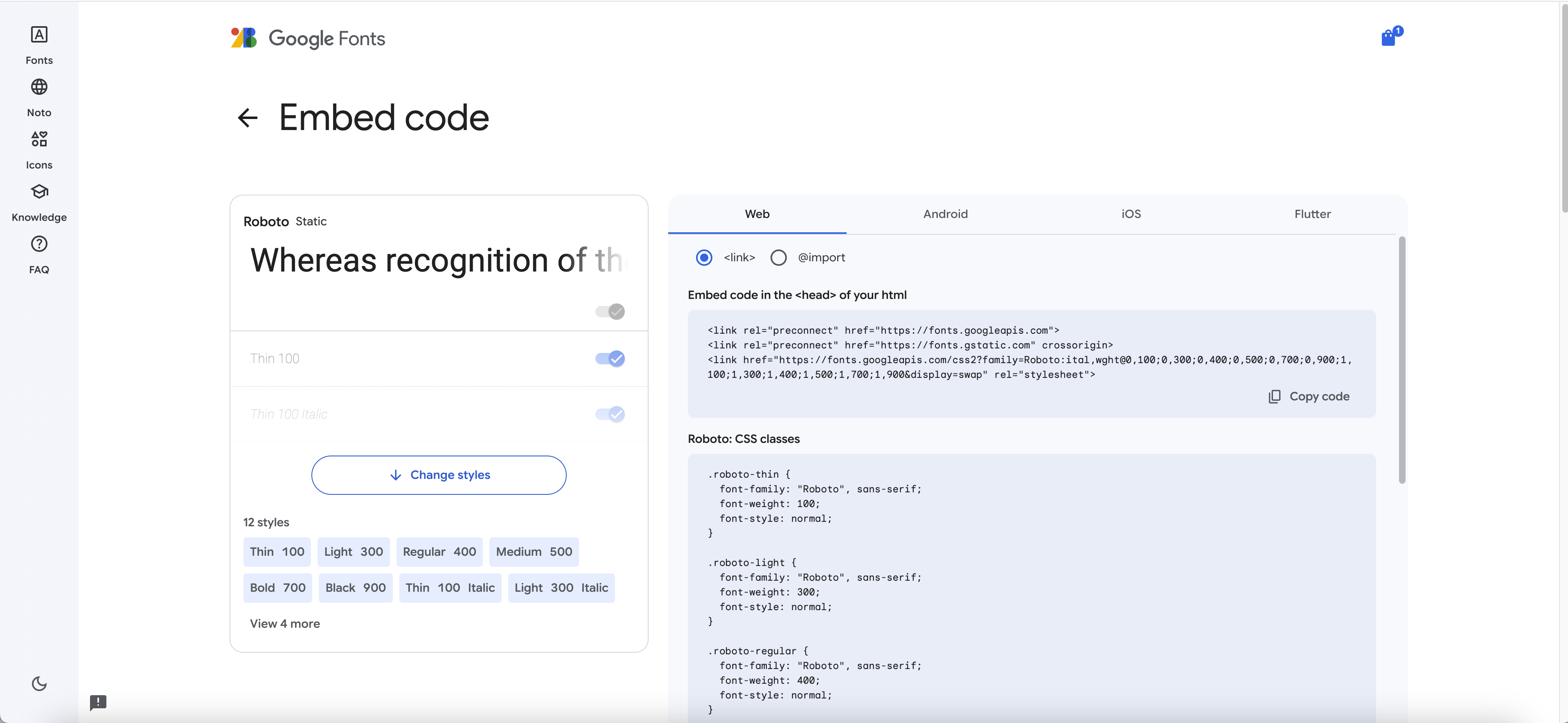 Google Fonts Embed code page with the link element option selected, showing three link tags for preconnect and the font stylesheet, a CSS classes section with .roboto-thin, .roboto-light, .roboto-regular, and .roboto-medium rules, and a left sidebar showing font style toggles