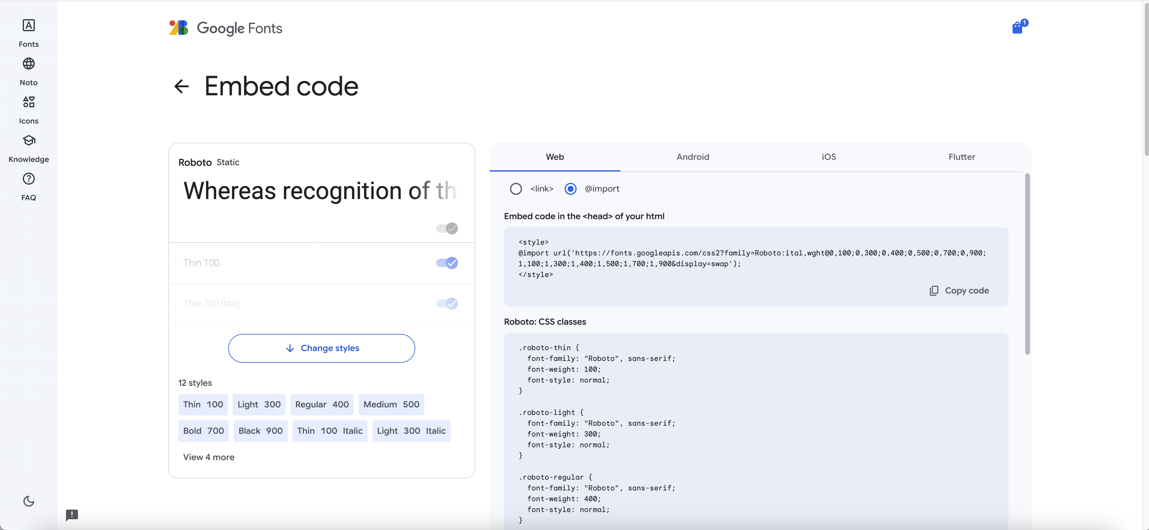 Google Fonts Embed code page with the @import option selected, showing a style block containing the @import URL rule, a CSS classes section below, and the left sidebar with font style toggles