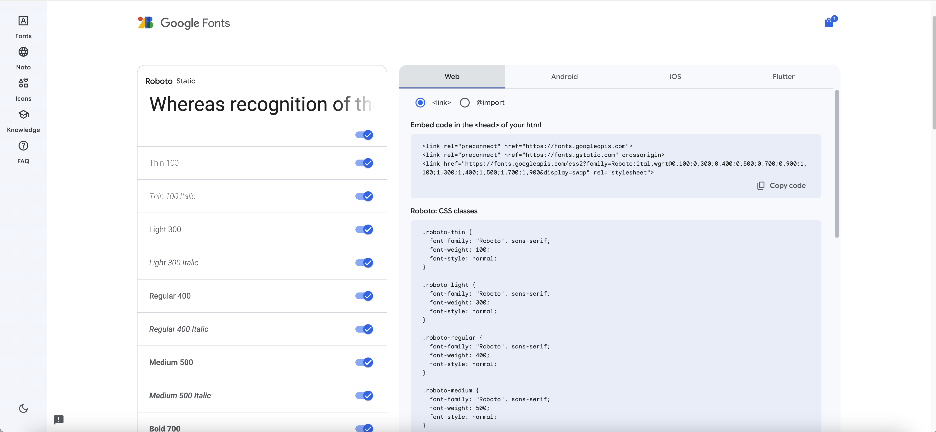 Google Fonts Embed code page with the link element option selected, showing the HTML snippet and CSS classes, and the left sidebar listing all Roboto styles from Thin 100 through Bold 700 each with a blue enabled toggle switch