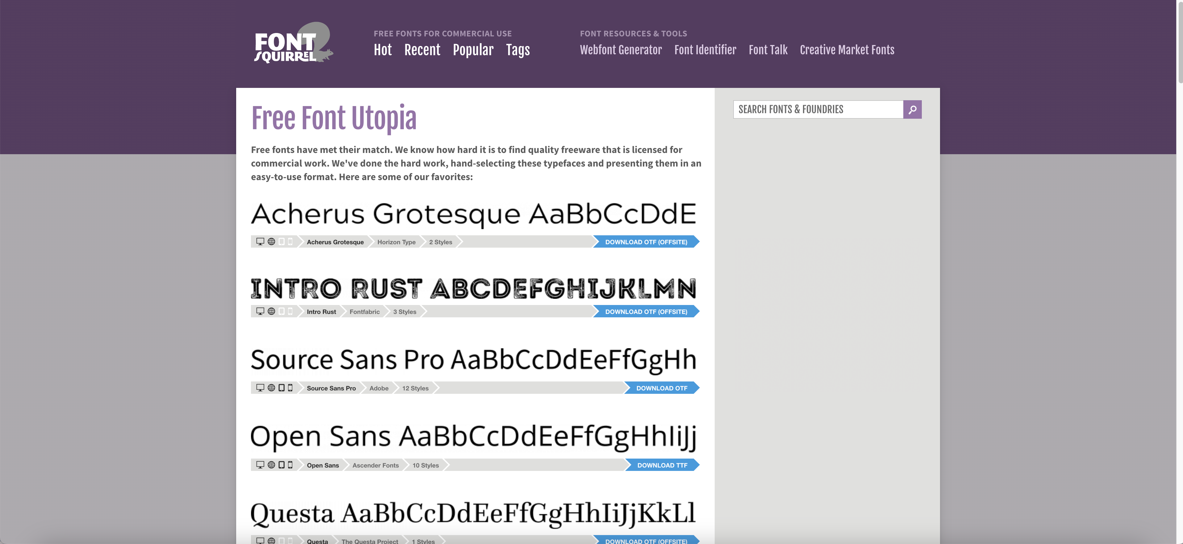 Font Squirrel 'Free Font Utopia' page listing featured free fonts including Acherus Grotesque, Intro Rust, Source Sans Pro, Open Sans, and Questa, each shown with an alphabet specimen and a Download button
