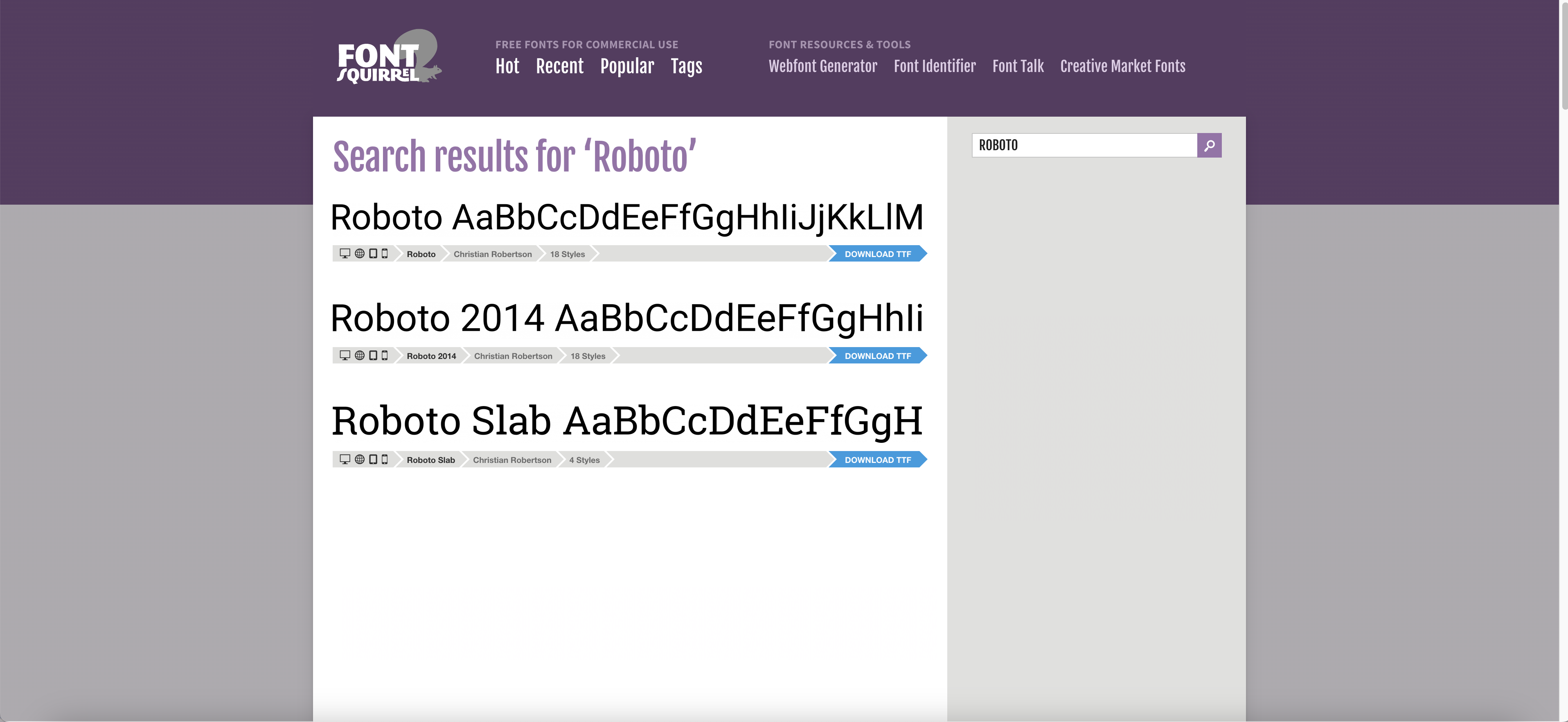 Font Squirrel search results for 'Roboto' showing three matches: Roboto, Roboto 2014, and Roboto Slab, each with an alphabet specimen and a Download TTF button