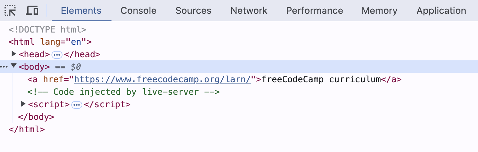 Chrome developer tools with the Elements tab open, showing the page's HTML structure and an anchor element whose href is https://www.freecodecamp.org/larn/.