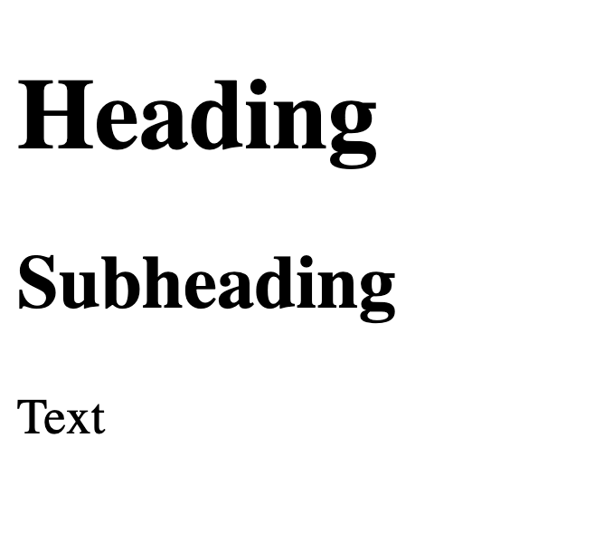 Three levels of text hierarchy: 'Heading' in large bold serif, 'Subheading' in medium bold serif, and 'Text' in small regular weight