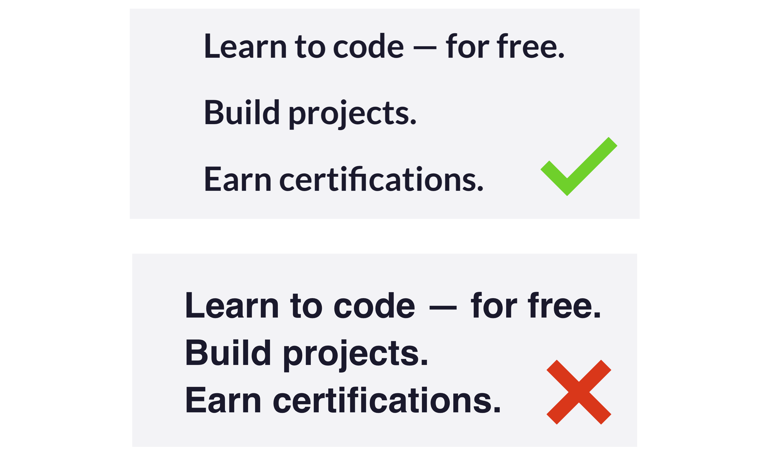 Two versions of the same text side by side: the top version has a green checkmark and good whitespace between lines, while the bottom version has a red X and cramped, poorly spaced text