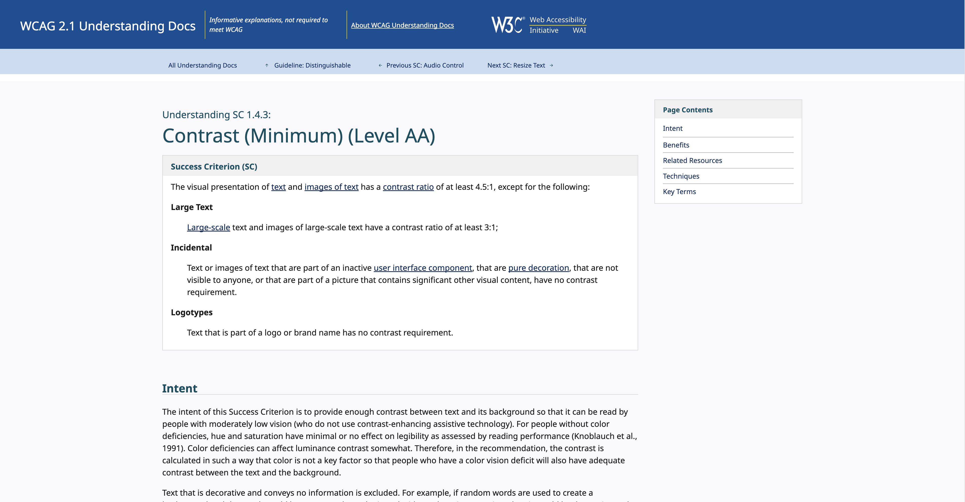 WCAG 2.1 Understanding Docs page showing Understanding SC 1.4.3: Contrast (Minimum) (Level AA), with explanations of contrast ratio requirements for large and small text