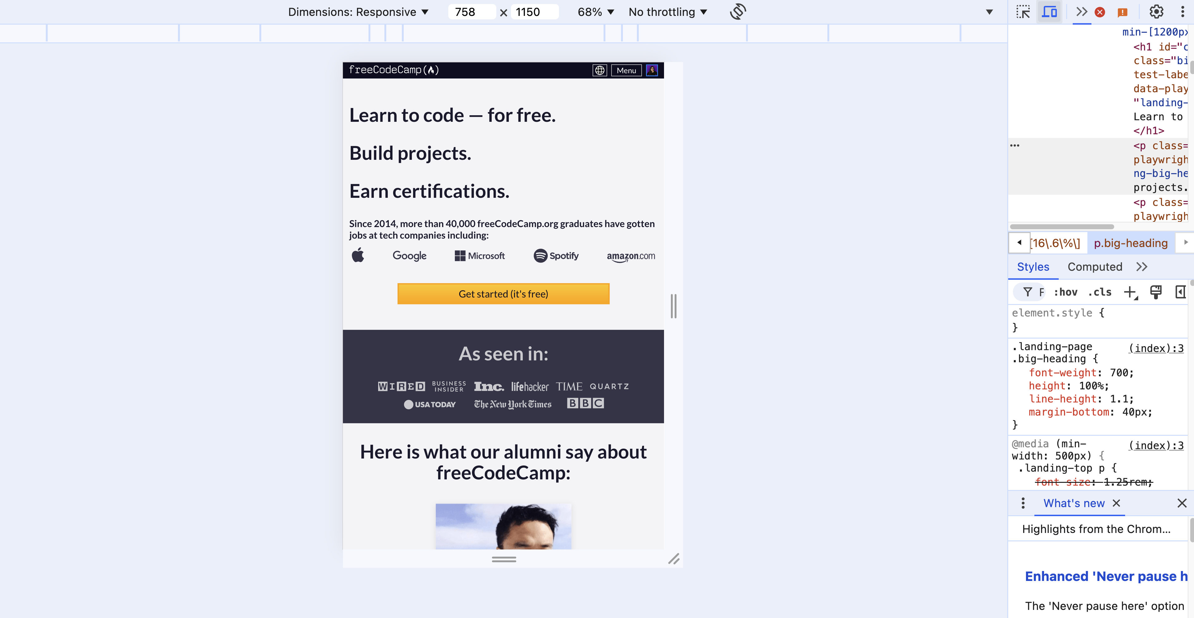 Browser DevTools open alongside freeCodeCamp's landing page in responsive mode, showing CSS styles applied to the page's heading elements