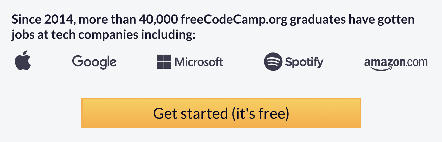 Call-to-action button on the freeCodeCamp homepage with yellow background and black text reading: Get started (it's free). The button is centered on its own line with ample white space above and below.