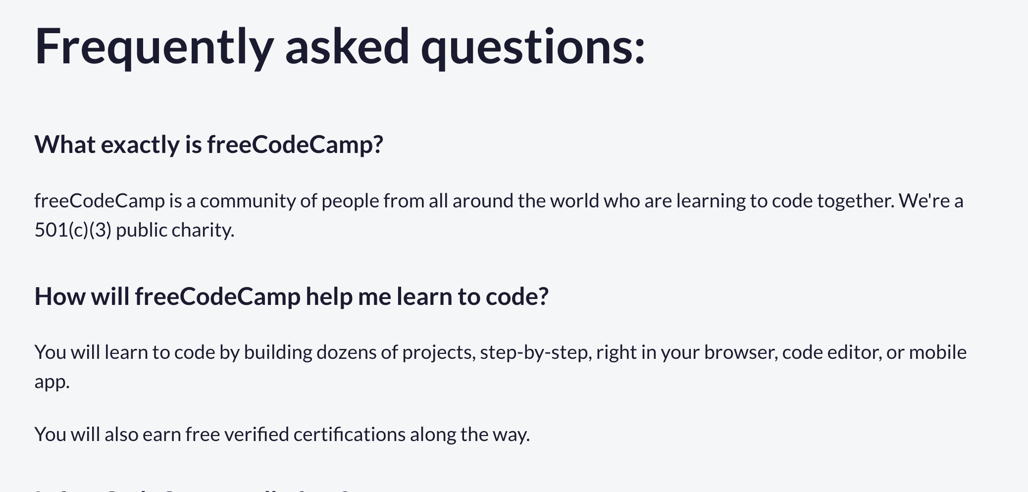 The Frequently Asked Questions section on the freeCodeCamp homepage, with text spaced sufficiently between each letter.