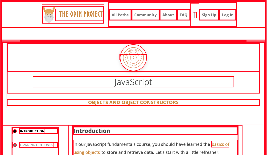 an image showing the odin project website surrounded by red borders indicating that the site is build out of multiple components