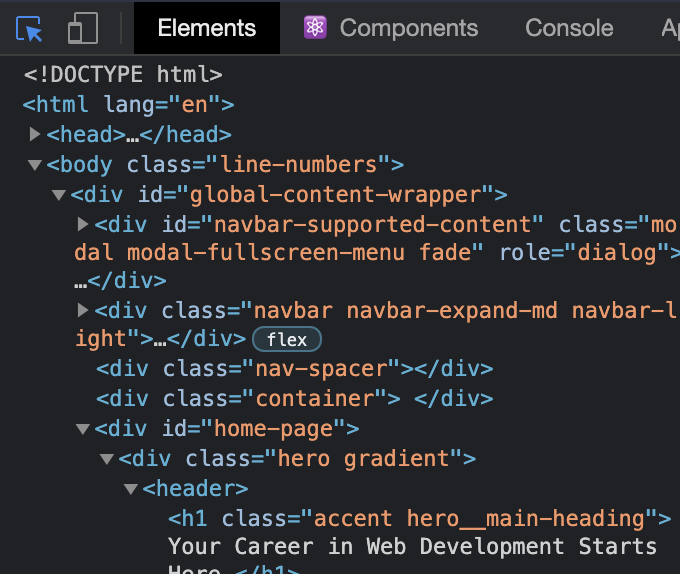 A web development environment with developer tools open, highlighting a blue inspector icon in the top-left for selecting webpage elements to view HTML structure and styles.