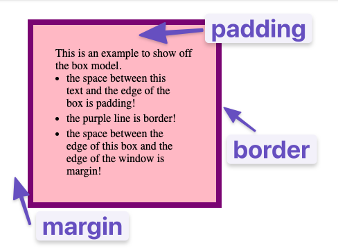 Visual representation of CSS box model with text, surrounded by 'padding' in pink, a purple 'border', and 'margin' indicated by blue arrows, explaining space between text, box edge, and window edge.