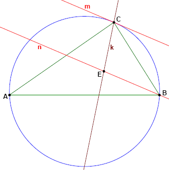 triângulo ABC, com k - bissetor angular do ângulo ACB, m - tangente no ponto C, n - linha paralela a m através do ponto B e do ponto E - interseção entre k e n