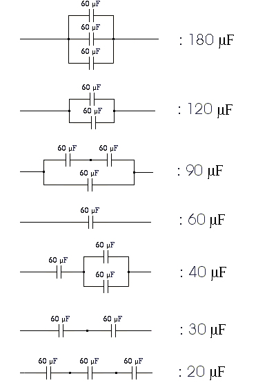 example circuits having up to three capacitors, each of 60 μF