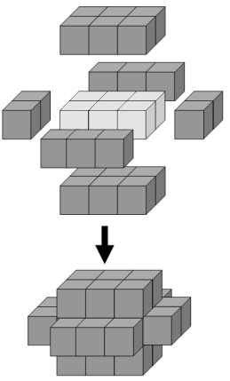 3x2x1 cuboid covered by twenty-two 1x1x1 cubes