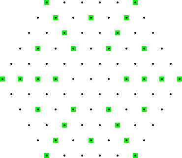 hexagonal orchard of order 5, with highlighted in green points, which are hidden from the center by a point closer to it